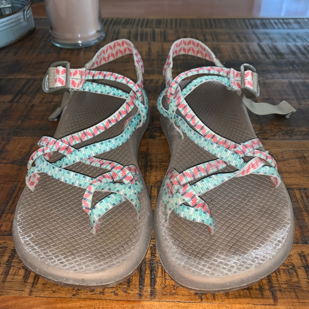 Chaco ZX/2 teal and pink sandals